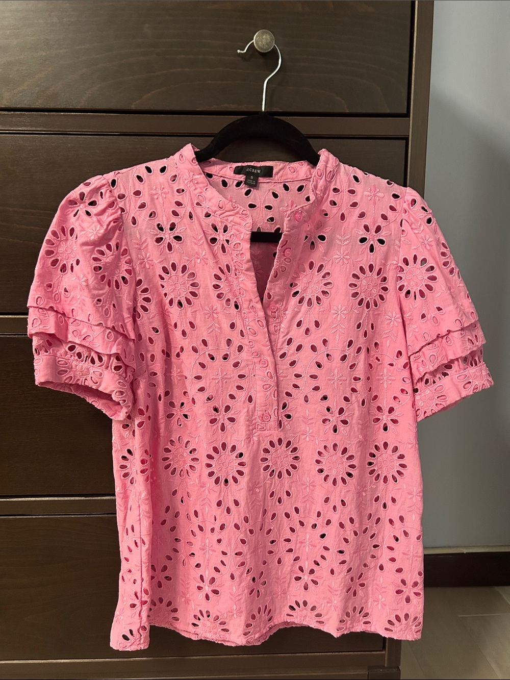 J. Crew Pink Eyelet Short Puff Sleeve Top